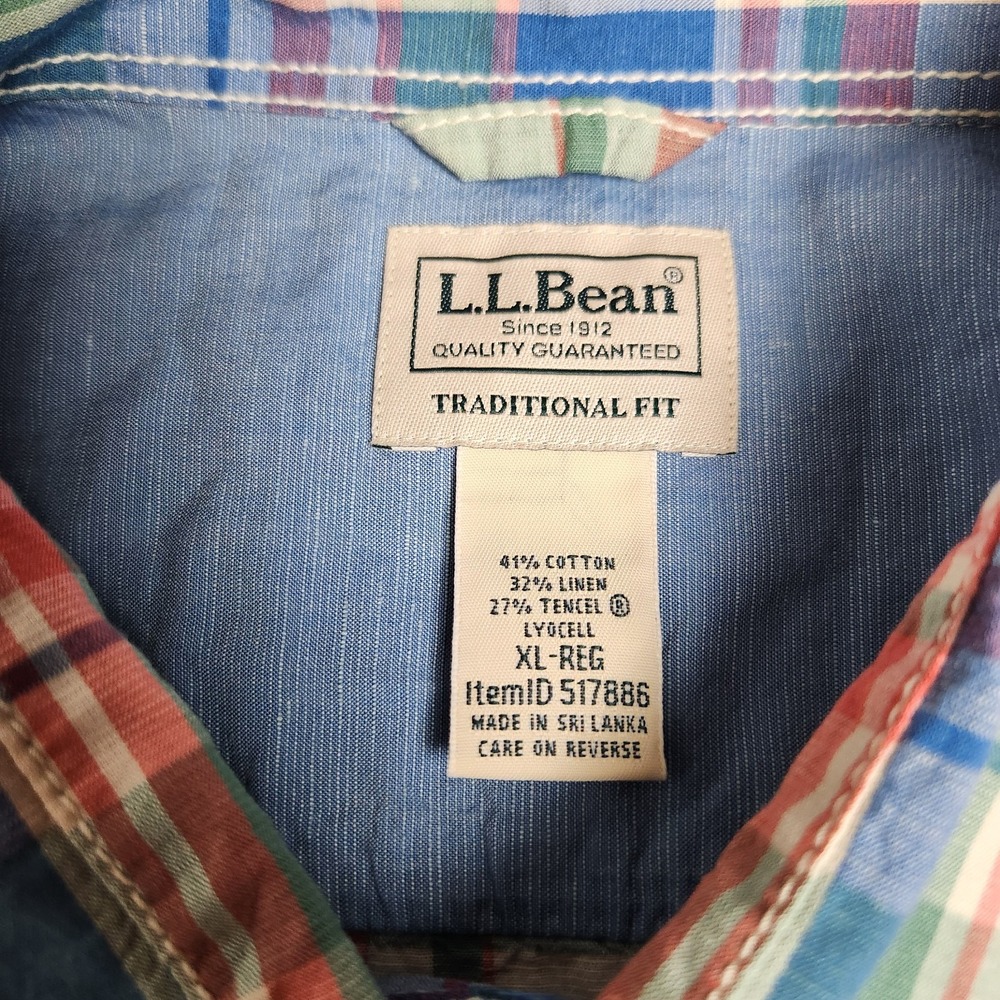 LL Bean Linen Blend Shirt Men XL Blue Multicolor Scotch Plaid Short Sleeve - Picture 3 of 6